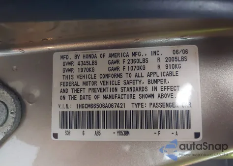 2006 Honda Accord 3.0 Ex из США, поврежденный, VIN 1HGCM66506A067421